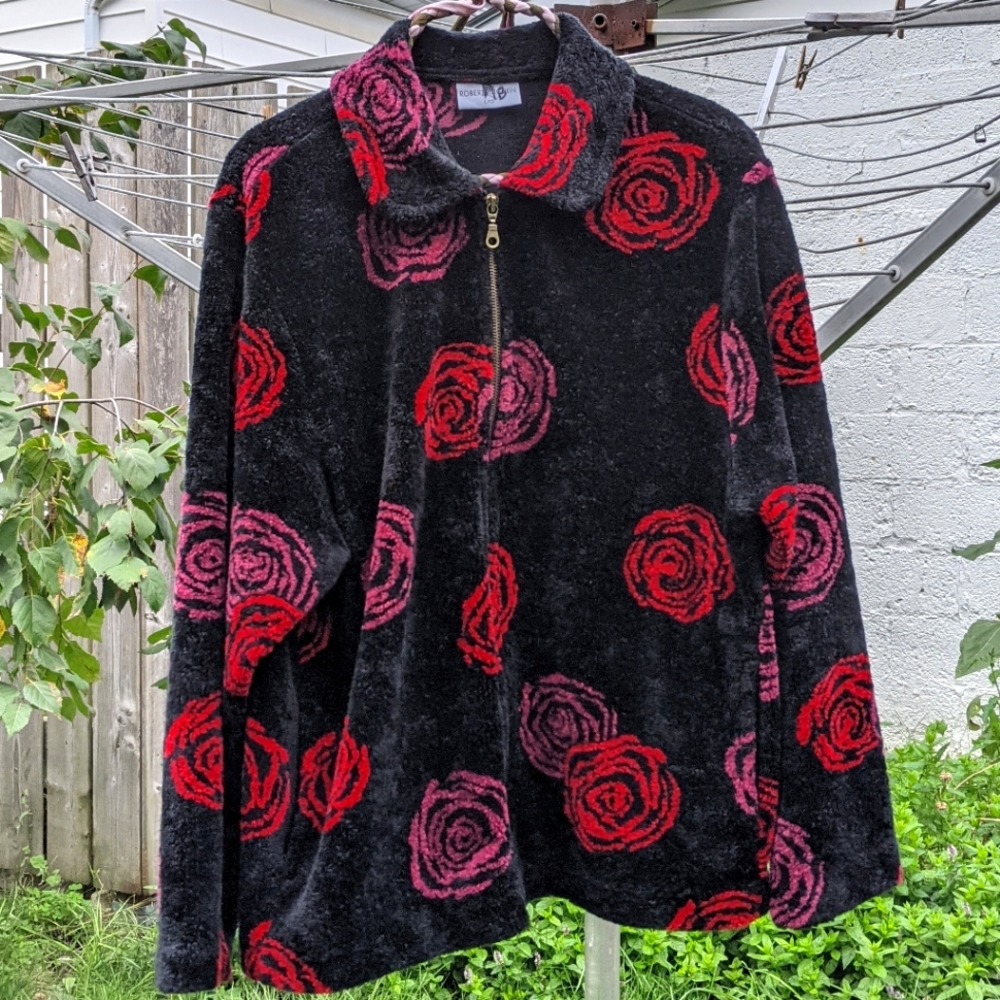 Vintage Plush Rose Print Sweater Jacket